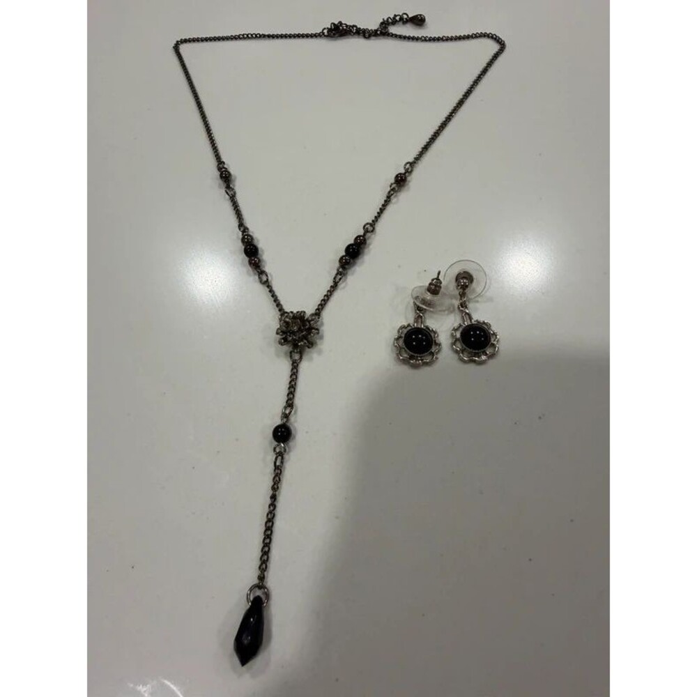 Vintage Black Bead Flower Drop “Antique” Silver Necklace Black Stone Earrings